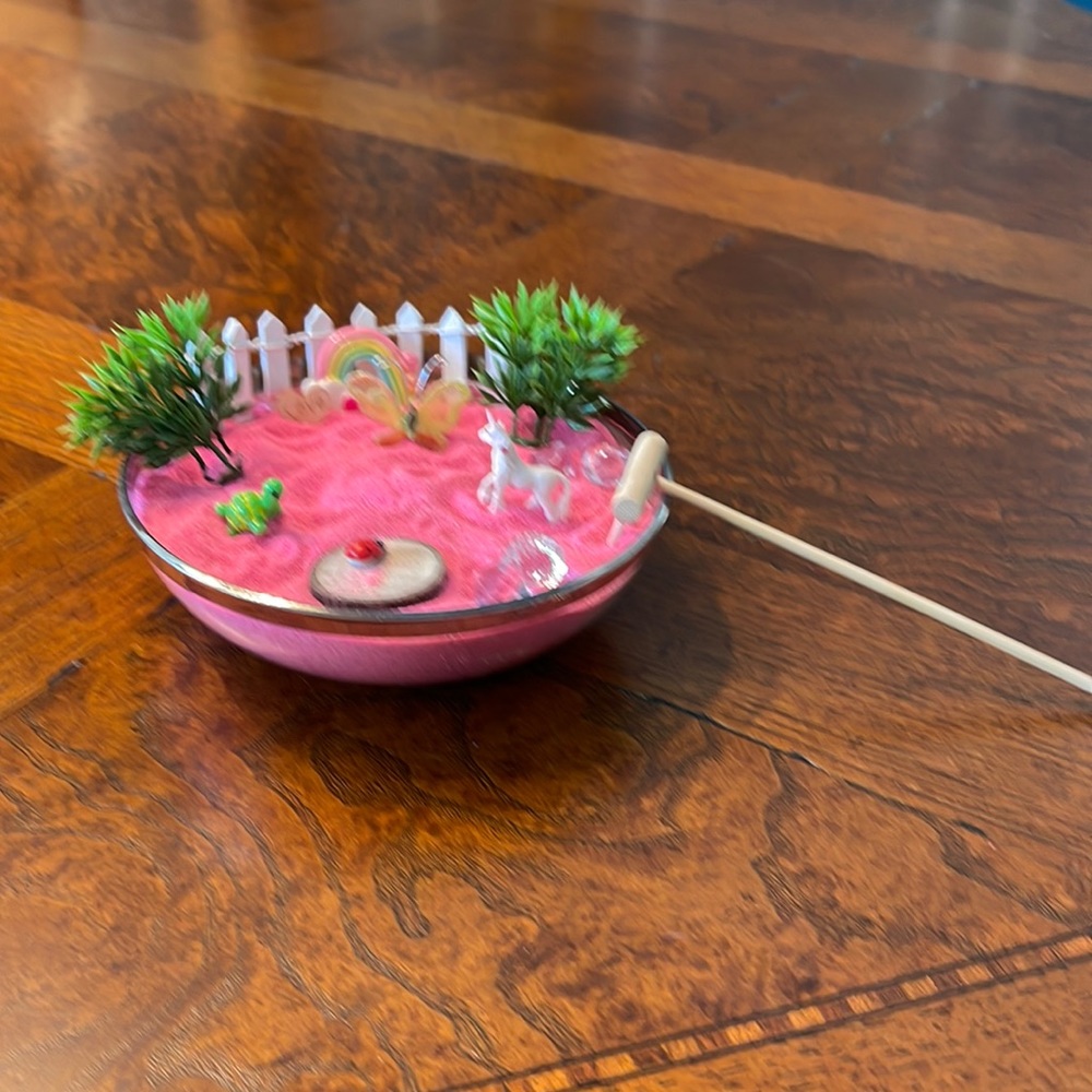 Sand garden zen rake unicorn ladybug rainbow butterfly fence